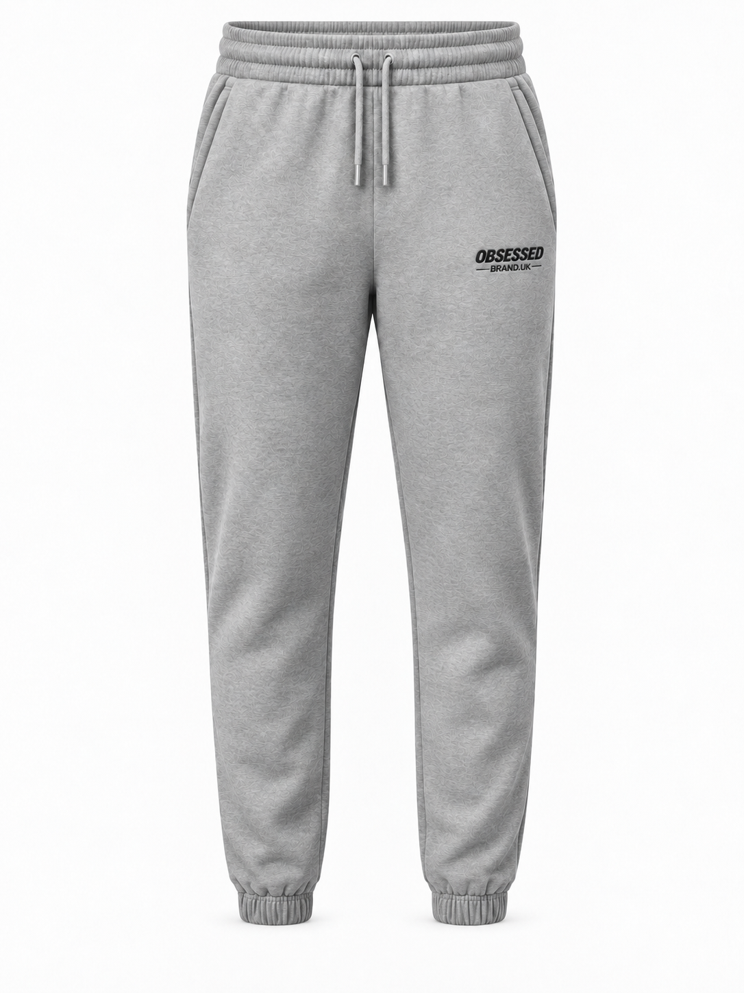 Heather grey OBSESSED embroidered joggers with black logo and gathered ankle cuffs