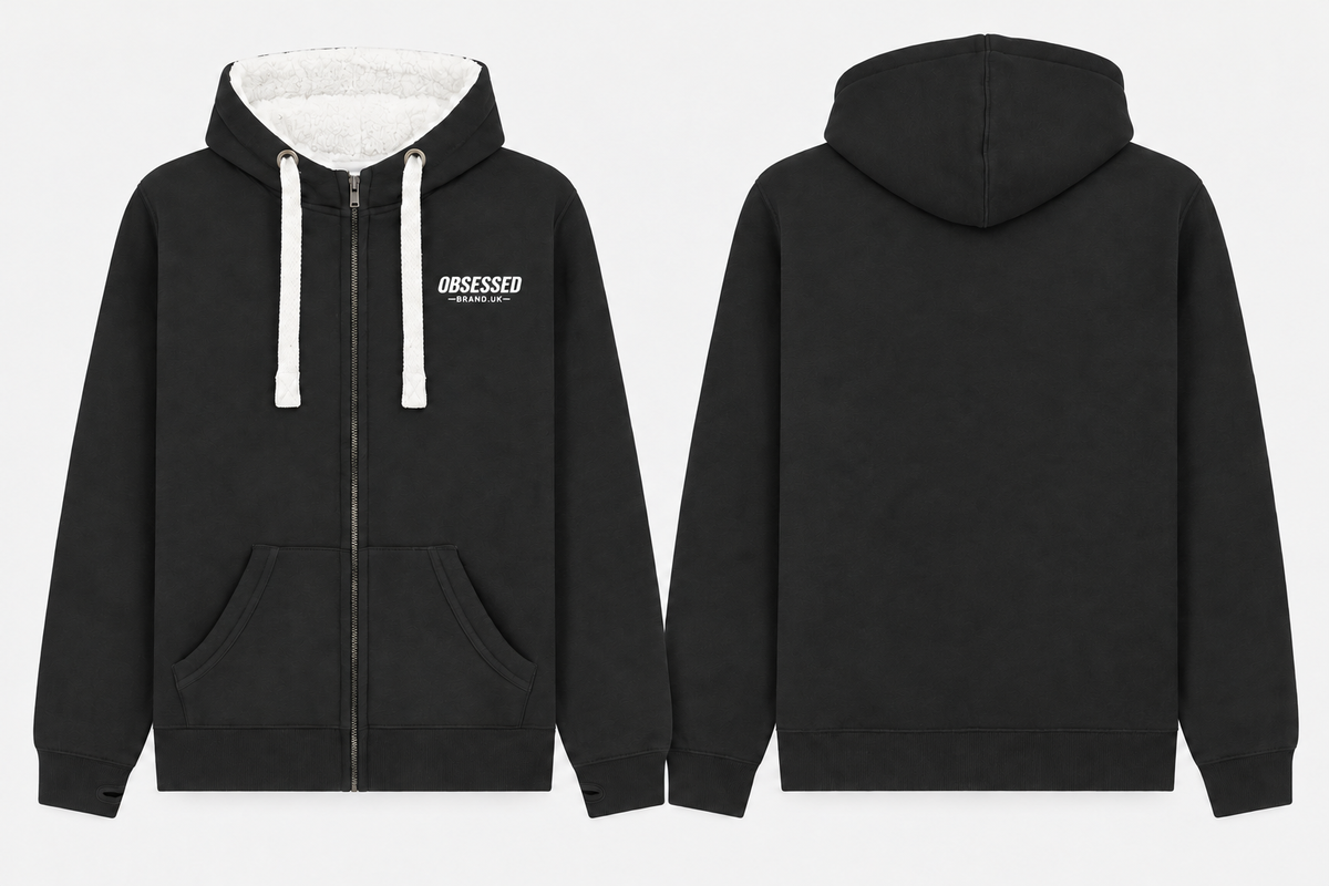 Front and plain back mock-up of Obsessed Logo sherpa-lined zip hoodie in Dusty Black
