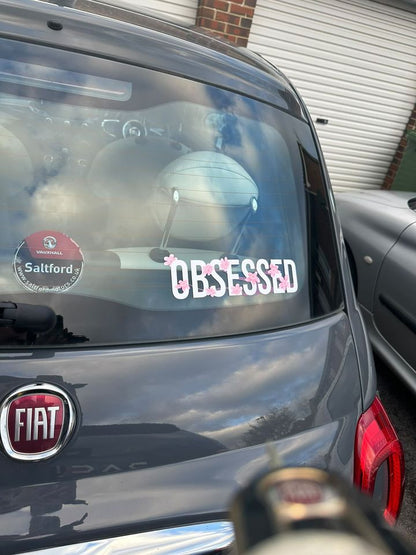 White Obsessed Cherry Blossom Decal fitted to the rear window of a grey Fiat