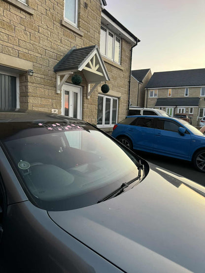 Front view of grey car displaying a black Obsessed cherry blossom windscreen banner