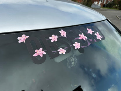 Black Obsessed cherry blossom windscreen banner fitted to a silver car