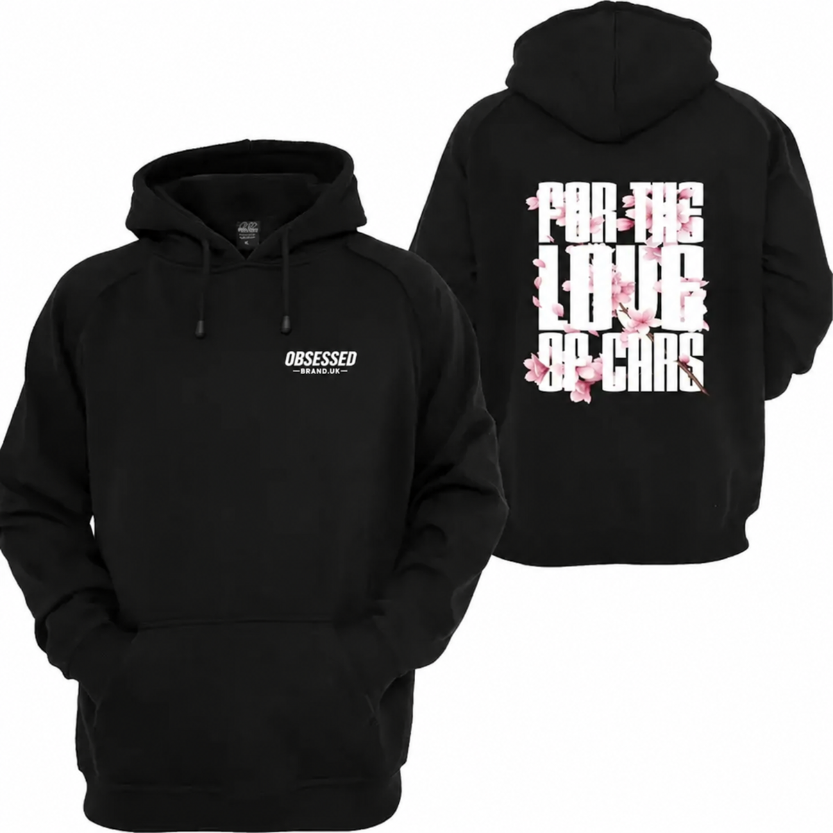 For The Love Of Cars black hoodie front and back mockup with updated Obsessed Brand front chest logo
