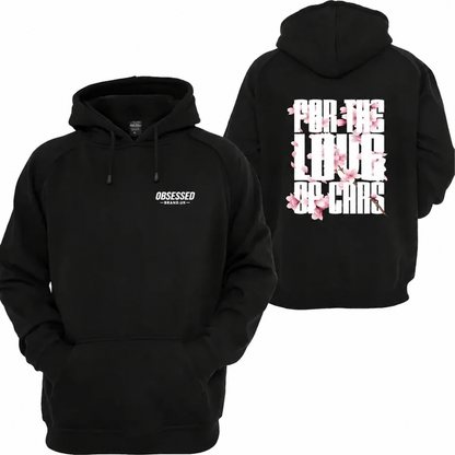 For The Love Of Cars black hoodie front and back mockup with updated Obsessed Brand front chest logo