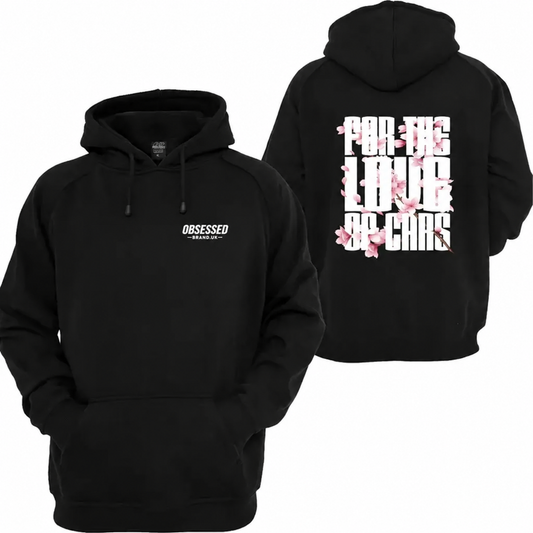 For The Love Of Cars black hoodie front and back mockup with updated Obsessed Brand front chest logo