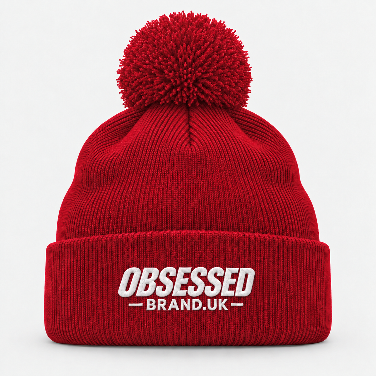 OBSESSED bobble beanie in Classic Red with white embroidered logo