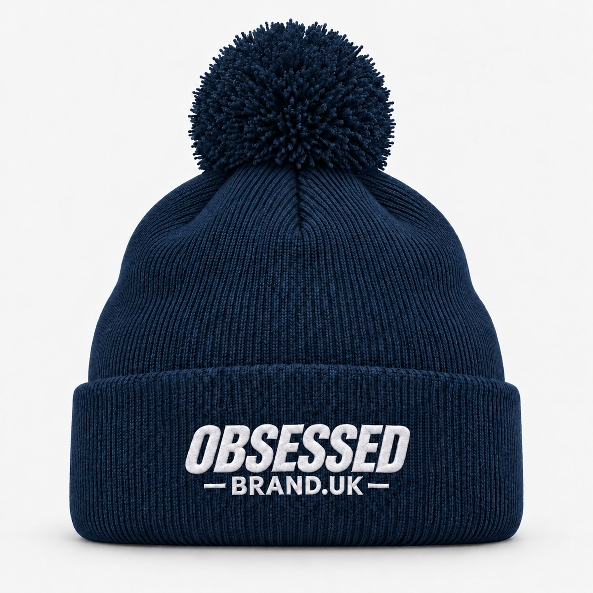 OBSESSED bobble beanie in French Navy with white embroidered logo