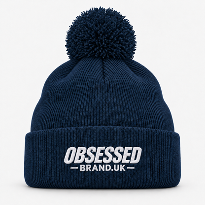OBSESSED bobble beanie in French Navy with white embroidered logo