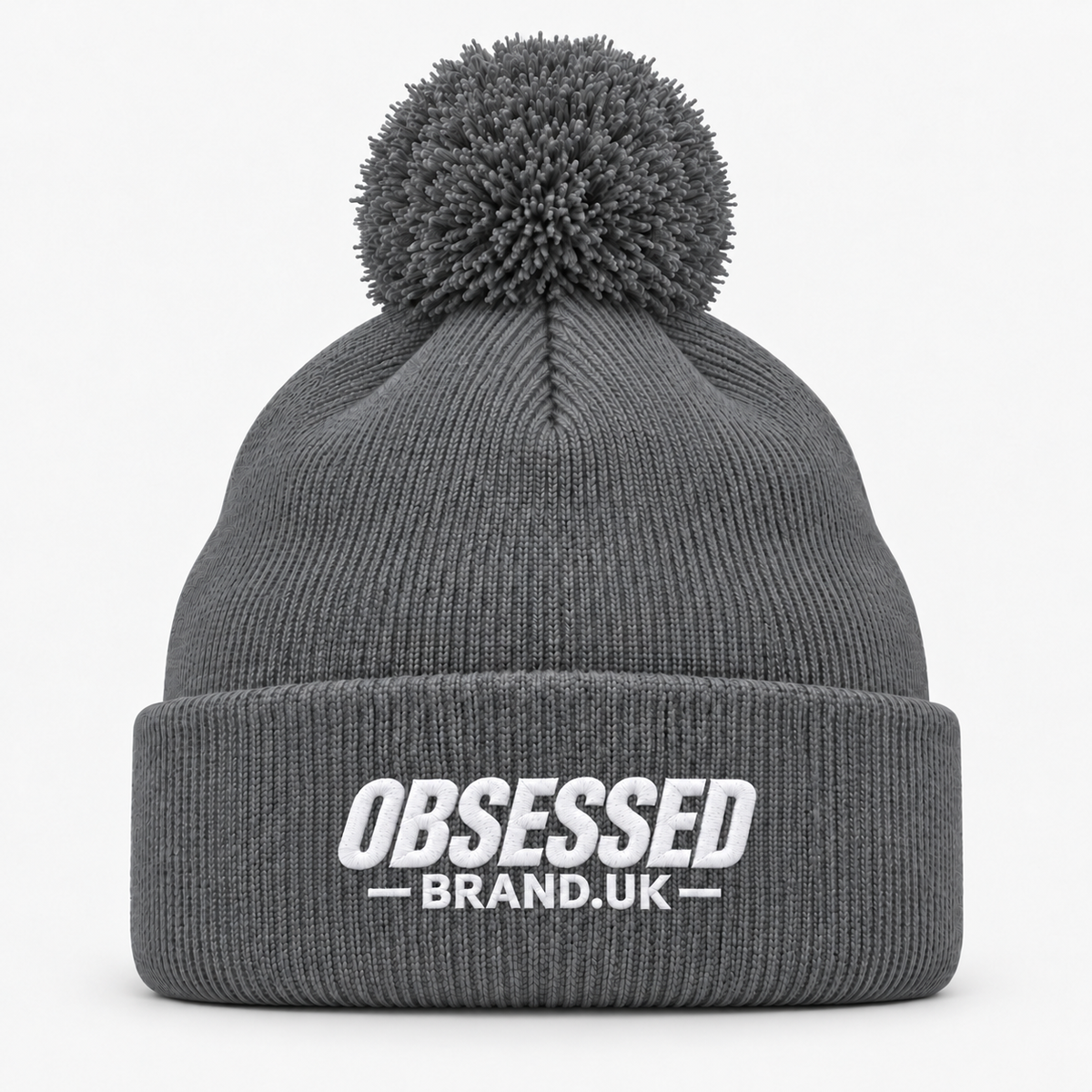 OBSESSED bobble beanie in Graphite Grey with white embroidered logo