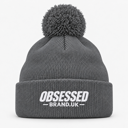 OBSESSED bobble beanie in Graphite Grey with white embroidered logo