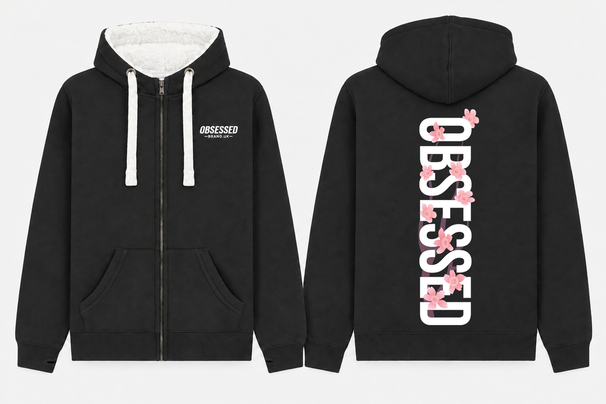 Front and back mock-up of Obsessed Cherry Blossom sherpa-lined zip hoodie in Dusty Black
