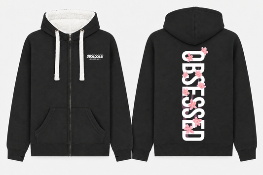 Front and back mock-up of Obsessed Cherry Blossom sherpa-lined zip hoodie in Dusty Black