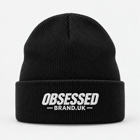 OBSESSED cuffed beanie in Black with white embroidered logo