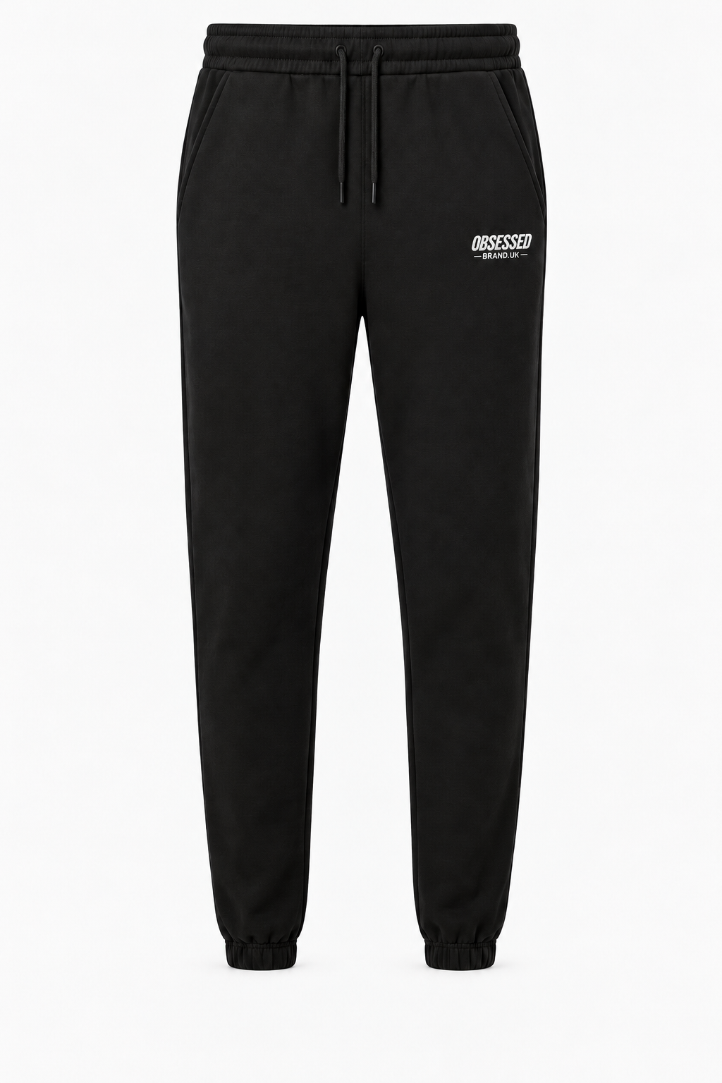 Black OBSESSED embroidered joggers with white logo and gathered ankle cuffs