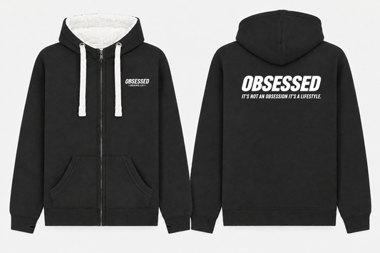 Front and back mock-up of Obsessed Lifestyle sherpa-lined zip hoodie in Dusty Black