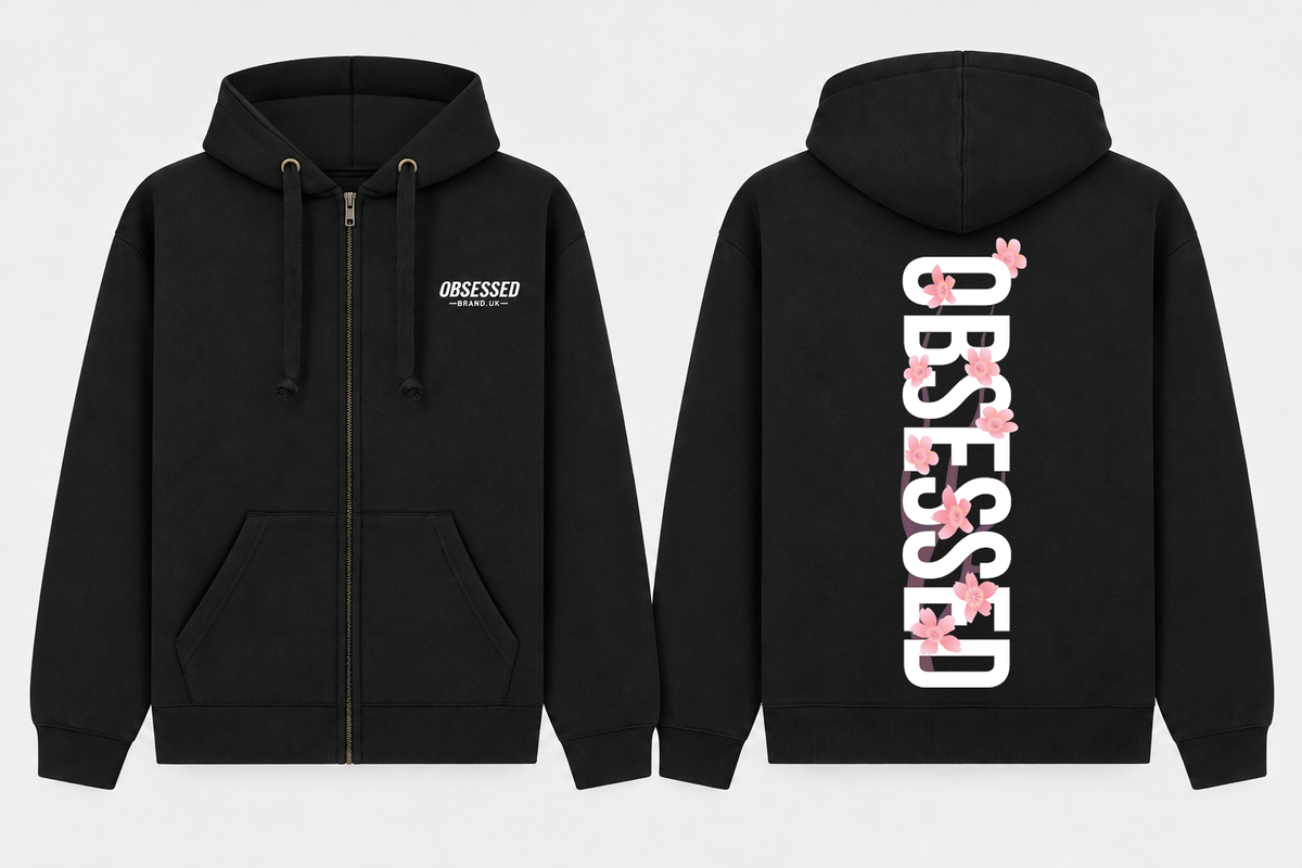 Front and back mock-up of Obsessed Cherry Blossom Zip Hoodie in Black