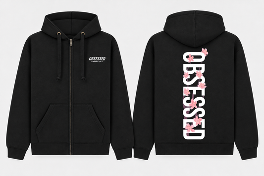 Front and back mock-up of Obsessed Cherry Blossom Zip Hoodie in Black