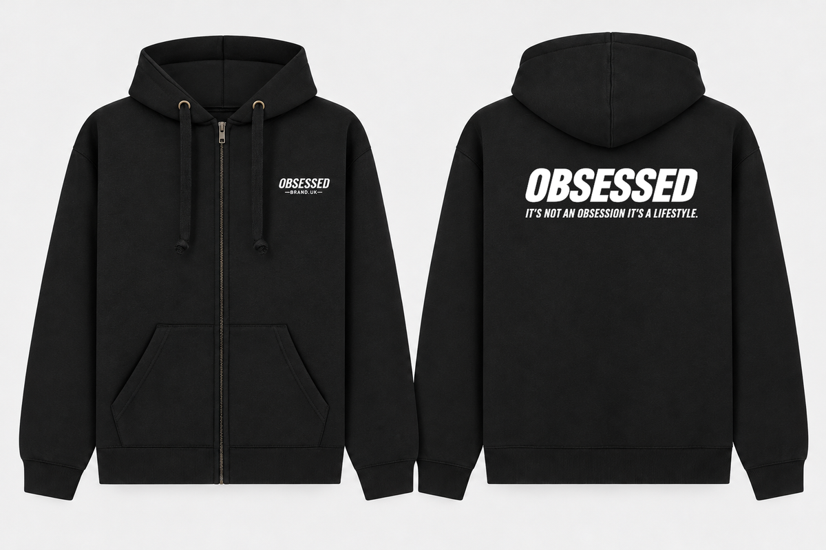 Front and back mock-up of Obsessed Lifestyle Zip Hoodie in Black