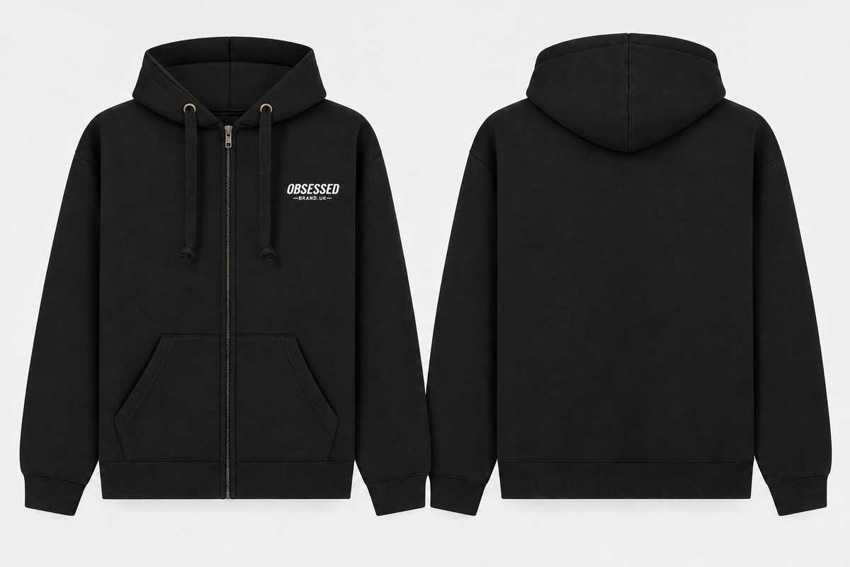 Front and back mock-up of Obsessed Logo Zip Hoodie in Black