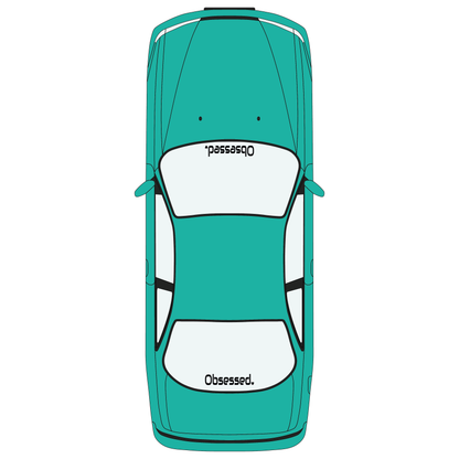 Top-down illustration showing Obsessed heart banner positions on the front and rear windows of a teal car