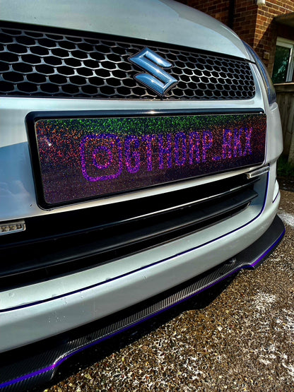 White Suzuki with purple glitter personalised Instagram show plate