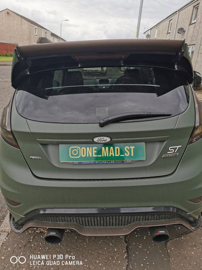 Matte green Ford Fiesta with personalised @ONE_MAD_ST rear show plate