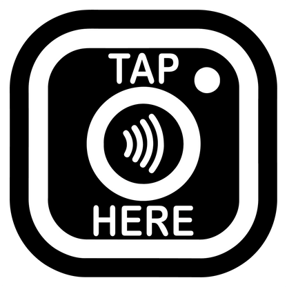 Black and white NFC Instagram tag design with Tap Here text and contactless symbol